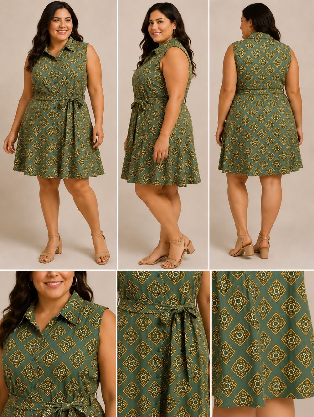 🥬Women's Green And White Sleeveless Geometric Print Shirt Dress with Tie Waist